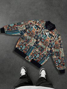 Men's IN Street Style Vintage Colorful Printed Rave Long Sleeve Cropped Stand-Up Collar Jacket , Button Up Jacket , Varsity Jacket Men, Men Jacket , Motorcycle Jacket,Fall And Winter Men Going Out Fashion Colorful Graphic Jacket, For Friends, Husband, Boyfriend Gifts - 黑色 - 查看 10