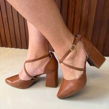 Women's Pumps Shoes Cross Straps High Heel 8 Cm Thick Shiny Elegant Original Show Show - 納帕焦糖 - 查看 2
