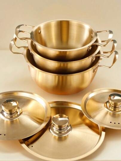 3件套不锈钢金锅系列（包含3个不同大小的锅——小号可用作电饭煲、辅食锅等，中号可用作面条锅、汤锅，大号可用作泰式冬阴功汤锅、韩式军炖锅、小型聚会火锅）