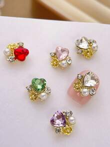 10pcs Heart-Shaped Rhinestone Nail Art Charms, Inlaid Faux Pearls, Luxury Y2K Metal Nail Accessories, Bright White, Pink, Red, Green, Purple Rhinestone Nail Gems, Suitable For Various DIY Nail Decorations - Multicolor - View 1