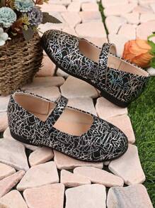 1 Pair Black Toddler/Little Girls' Silver Print Soft PU Leather Mary Jane Flats, Round Toe, Hook And Loop Strap, TPR Anti-Slip Sole, Bohemian Princess Casual Shoes, Suitable For 1-12 Years Old Students, Suitable For Parties, Dancing, Daily Wear In Spring, Autumn And All Seasons