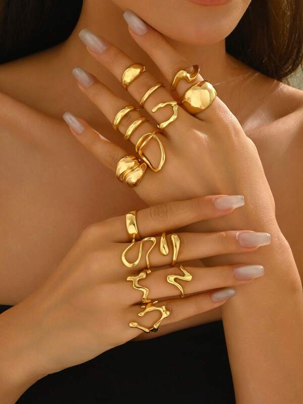 Set de 15 anillos de aleación con diseño geométrico, decoración hueca irregular, anillos sencillos para mujer, aptos para uso diario u ocasiones festivas