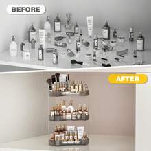 3-Tier Corner Bathroom Counter Organizer With Top Toothbrush Holders,Large Makeup Organizer Countertop With Brush Holder,Skincare Organizers Corner,Exquisite Vanity Organizer (Gray, 3 Tier) - Dark Grey - View 9