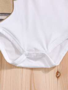 2 件套格子图案刺绣泰迪熊下摆二合一紧身衣 + 格子裤，学院风，秋季/春季 - 卡其色 - 查看 7