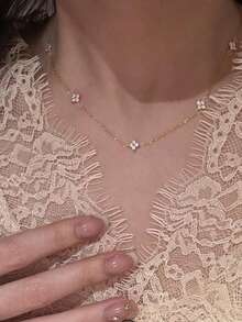 1 件女式多层流苏项链，铜镶嵌锆石四叶草项链，日常配饰礼物 - 金黃色 - 查看 2
