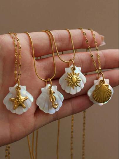 Frminee 1pc Summer Women's 18K Gold Plated Stainless Steel Rainbow Shell Sun Starfish Seahorse Pendant Necklace For Women For Daily And Holiday Wear (Natural Shell Color And Texture May Vary Slightly)