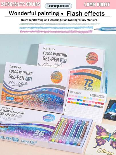 Languo 72 Colors Burst Flash Color Neutral Pen Set Jumbo Capacity Metallic Glitter Gel Pens, Flash Special Effects Highly Attractive Drawing Handbook Pen Highlighter 1mm, Elementary School Students Art Drawing Special Diy Drawing Book Can Be Stacked Color Impermeable Paper High Capacity Highlighter Highlighter Gel-Pen Hand Drawing Pen Can Be Used For Student Marking , Back To School Gifts