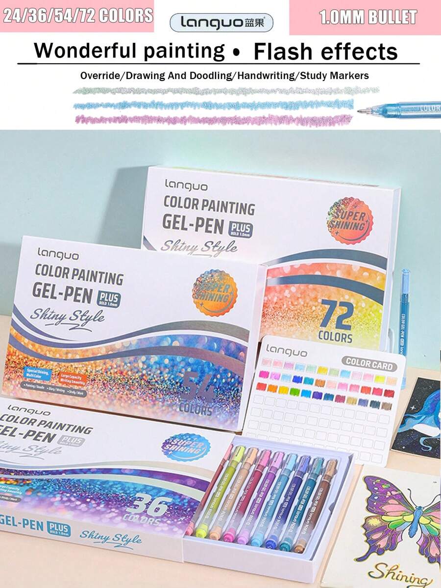 Languo 72 Colors Burst Flash Color Neutral Pen Set Jumbo Capacity Metallic Glitter Gel Pens, Flash Special Effects Highly Attractive Drawing Handbook Pen Highlighter 1mm, Elementary School Students Art Drawing Special Diy Drawing Book Can Be Stacked Color Impermeable Paper High Capacity Highlighter Highlighter Gel-Pen Hand Drawing Pen Can Be Used For Student Marking , Back To School Gifts