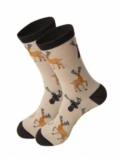 1 Pair Of Men's Vintage Elk Patterned Mid-Calf Socks Are Suitable For All Seasons, Fall Socks