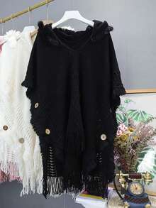 1pc Women's Solid Color Hooded Button Poncho, 75cm X 80cm Small Size, Bohemian Style Shawl Wrap, Knitted Pullover Cape For Casual Wear, Autumn/Winter - Dark Khaki - View 7