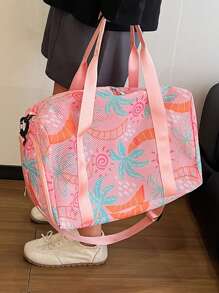 "Fashionable Mesh-Handle Luggage Tote – Lightweight, Large-Capacity Travel Tote Bag Vibrant Coconut Tree & Sun Print – Perfect For Summer Vacations And Beach Trips, Can Be Worn As A Crossbody Bag For Personal Essentials"
