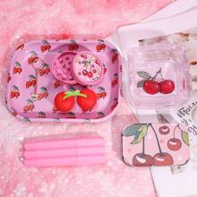 7pcs Rolling Tray Set W/Box Package, Cherry Lovers Can't Miss It! Includes -Friendly Grinder, Classic Size Rolling Tray, Glass Ashtray, Storage Box, Silicone Containers, 3-Tube Storage Containers, Cigarette Finger Holder|  Smoking Accessories Kit, For Besties, Friends, Girls And Any Smokers