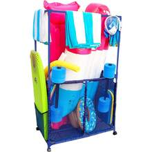 Essentially Yours Pool Equipment Holder With Towel Drying Bars, Mesh Rolling Pool Storage Organizer Bin, Extra Large With Towel Hanger, (34.5" W X 25" L X 62.6" H) - 藍色 - 查看 2