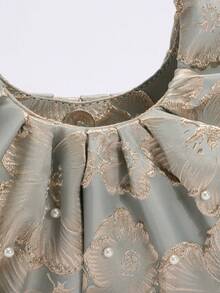 1pc Brocade Satin Jacquard Vintage Embroidered Gold Flower & Cloud Pattern Pleated Pearl Beaded Tote Bag, High-End Floral Design Vacation Style Handbag For Cheongsam Dress (Floral Pattern Sent Randomly) - Teal Blue - View 8