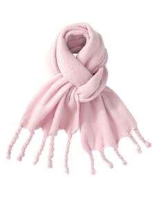 1pc Women's Fuzzy Long Scarf With Tassel For Winter Solid Sky Blue Color Big&Thick WrapOversize Warm Blanket Scarf - Blue - View 6