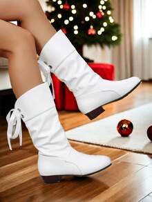 Sznurowane kokardki krótkie, czarne płaskie buty do połowy łydki, eleganckie słodkie buty, krótkie sznurowane buty, jednolity kolor syntetycznej skóry, płaskie podwyższone wygodne codzienne skórzane buty, grube kalosze na obcasie, damskie kalosze, buty, niski obcas 2025 jesień/zima nowe grube dno wodoodporne krótkie buty na platformie, duże buty z marszczeniami, damskie buty na kwadratowym obcasie, eleganckie okrągłe noski wygodne uniwersalne słodkie białe buty