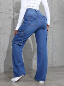 Pantalones vaqueros cargo anchos para mujer de color azul, estilo casual y práctico, ideal para looks urbanos - Azul lavado medio - Ver 3