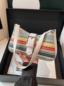 Bolso de hombro de gran capacidad con decoración de arcoíris de paja de primavera, diseño cuadrado minimalista para mujeres