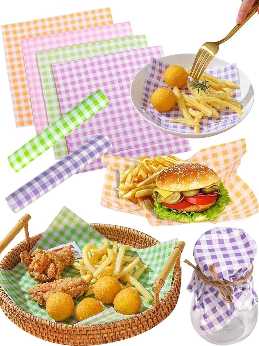 100pcs Plaid Wax Paper - 4 Colors, Grease-Proof, Food Basket Lining, Suitable For Packaging, Grilling, Holidays, Burgers, Fried Chicken, Kitchen Tool - Multiple Specifications - View 1
