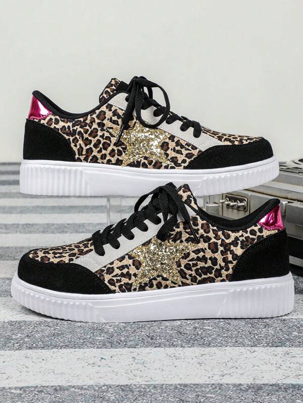 Men's Fashion Leopard Print Casual Sneakers, City Series, Multi-Color Patchwork, Commuting, Fitness, Travel, Flat Style, Round Toe, Low-Top, Breathable, Multi-Color, Multi-Function, Holiday Gift, Men's Athletic Shoes