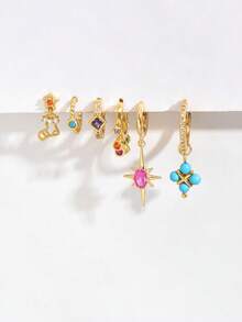 Set de 6 pares de pendientes de botón con circonita colorida, diseño elegante adecuado para citas, fiestas, trabajo, trayecto diario de mujeres - Amarillo Oro - Ver 3