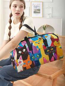 Cartoon Abstract Cat Print Large Capacity Travel Duffel Bag, Fashion Fitness,Yoga And Workout Tote With Shoe Compartment, Portable Overnight Bag, Random Print Quilted Polyester Handbag Bag For School School Accessories School Stuff