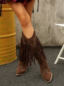 Fall/Winter 2025 Women's Mid-Calf Boots, Pointed Toe, Chunky Heel, Versatile Stylish Fringe Studded V-Cut Cool Western Boots,Cowboy Boots