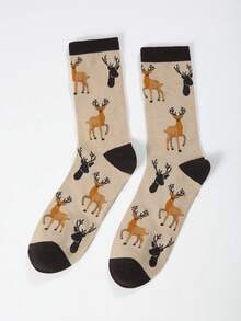 1 双男士复古麋鹿图案中筒袜适合所有季节，秋季袜子