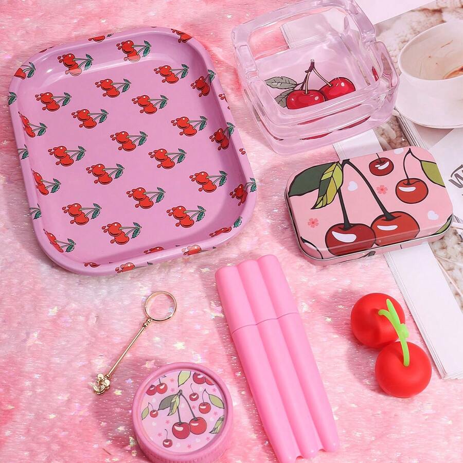 7pcs Rolling Tray Set W/Box Package, Cherry Lovers Can't Miss It! Includes -Friendly Grinder, Classic Size Rolling Tray, Glass Ashtray, Storage Box, Silicone Containers, 3-Tube Storage Containers, Cigarette Finger Holder|  Smoking Accessories Kit, For Besties, Friends, Girls And Any Smokers