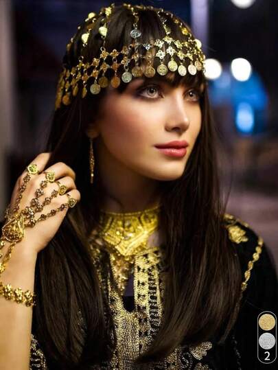 1 件优雅复古头饰头链，时尚空心硬币合金头带，带流苏金属配饰，适用于派对、拍照、夜总会、节日、闪亮性感万圣节