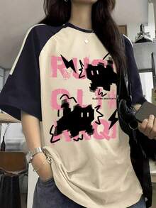 少女街头服饰标语图案 T 恤，闪电印花拼色短袖 T 恤，适合学校/休闲穿着 - 杏色 - 查看 1