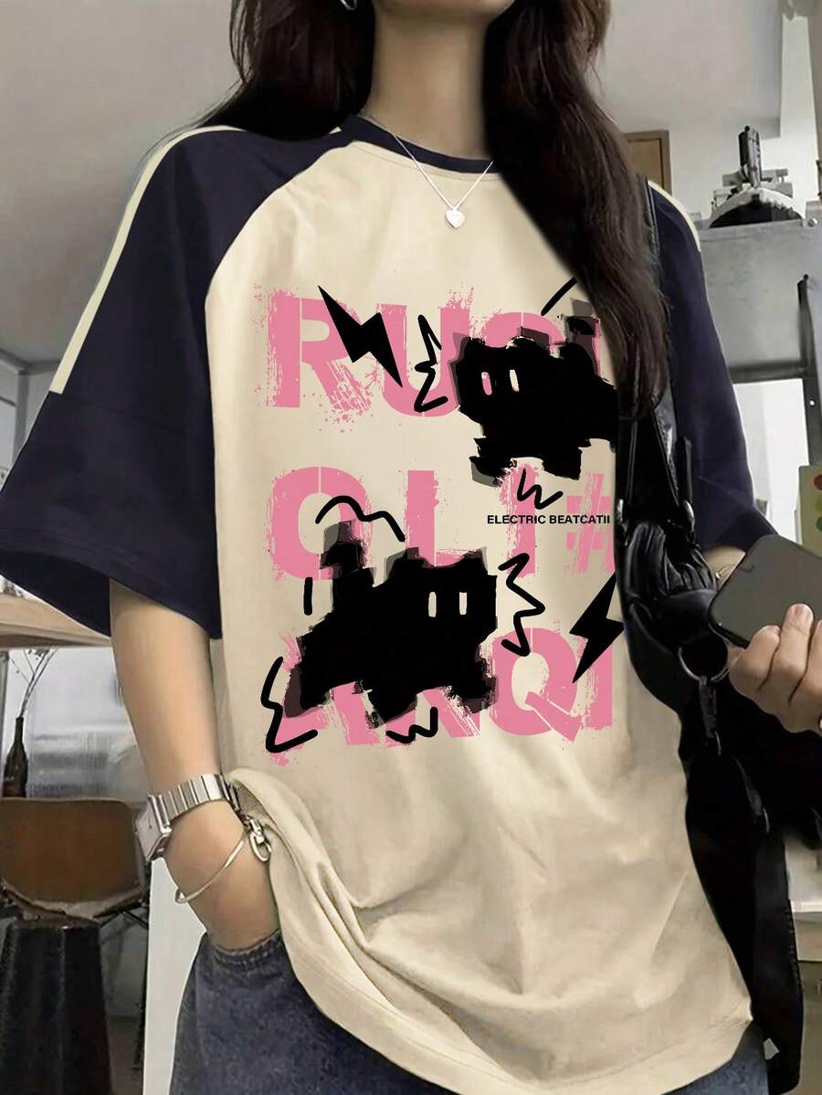 少女街头服饰标语图案 T 恤，闪电印花拼色短袖 T 恤，适合学校/休闲穿着 - 杏色 - 查看 1