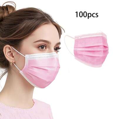 50/100 piezas Mascarillas desechables para adultos (rosa, negro, blanco), Mascarillas sólidas de color rosa transpirables, Protección completa, Adecuadas para hombres y mujeres