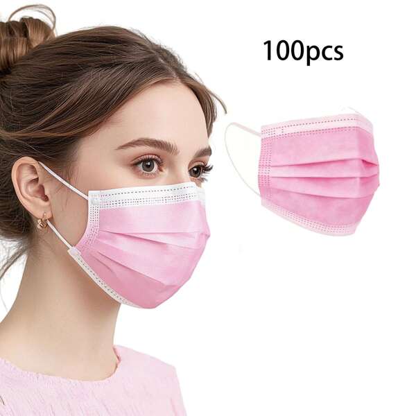50/100pcs Adult (Pink, Black, White, Blue) Disposable Mask, Pure Pink Breathable 3-Layer Ear Loops, Comprehensive Protection, Suitable For Both Ladies And Girls