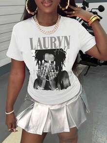 With Ring On Hand - 100% Cotton Women's T-Shirt/Lauren Hill/Letter Print/Vintage T-Shirt/Women's Casual Loose Round Neck Top/Spring And Summer-Niche G - 白色 - 查看 4