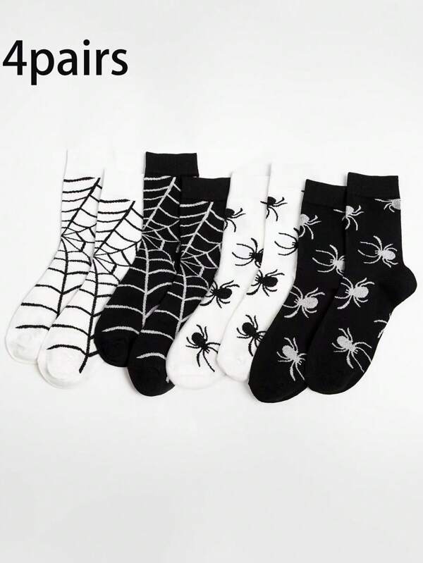 2/4 Pairs Women Spider Pattern Jacquard Mid-Calf Socks, Black & White Colors, Suitable For Personalized Street Fashion