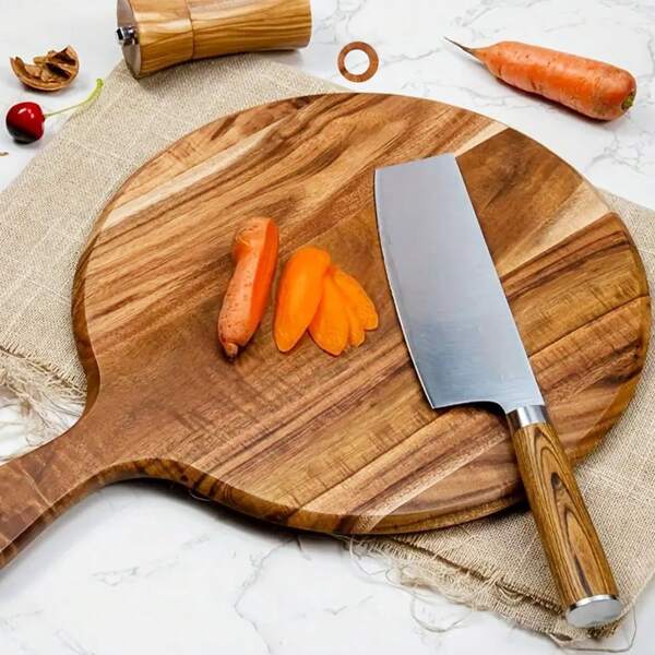 High Quality Thick Acacia Wood Cutting Board - Double Sided Round Kitchen Chopping Board With Handle, Suitable For Cutting, Serving, And Storing Fruits, Cheese, Etc. - Perfect For Home And Kitchen Use, Kitchen Essentials | Round Pizza/Food Serving Tray, Holiday Gift