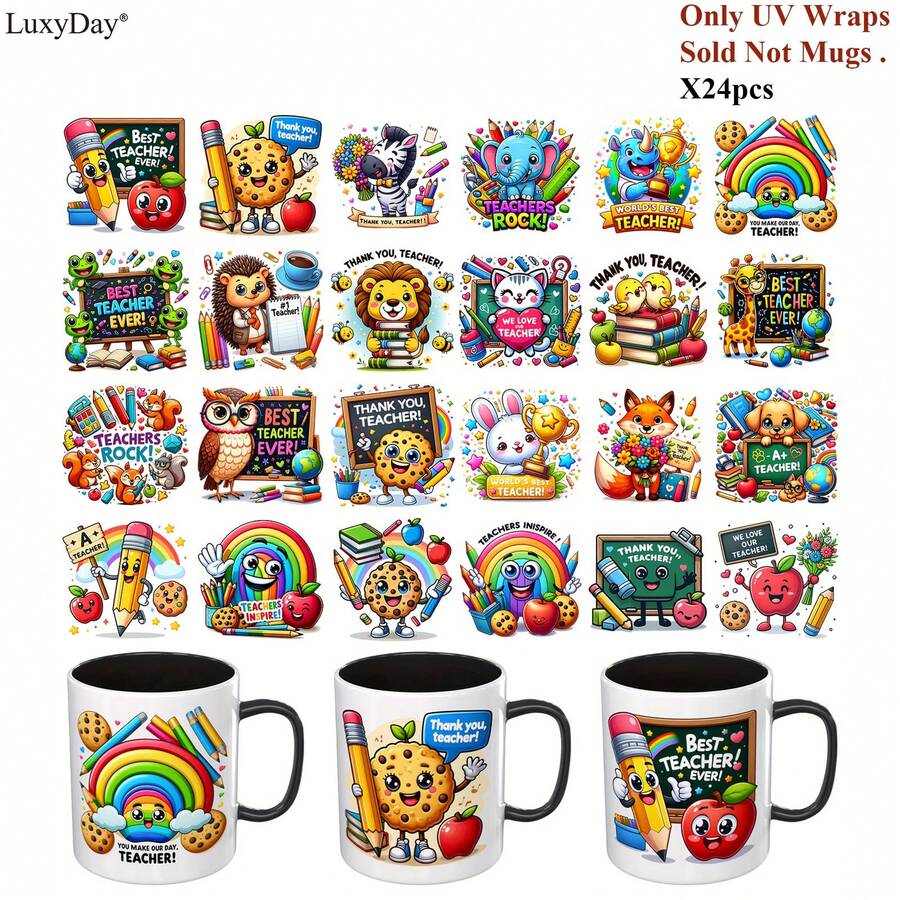 24 件教师 UV DTF 包装 - 适用于玻璃、塑料和陶瓷杯的防水装饰贴纸 - 彩色 3D 设计，带有激励信息，适用于 DIY 项目（仅 UV 包装）、礼物 | 教师主题 | 防水贴花、教师配件
