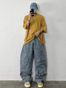 1 件复古美式刺绣磨边阔腿宽松休闲牛仔裤（不含腰带和配饰） - 藍色 - 查看 2