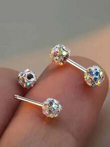 1 对 925 银双头超闪亮水钻球形耳钉，奢华螺丝后耳环，优雅百搭的耳环礼物 - 原子 - 查看 14