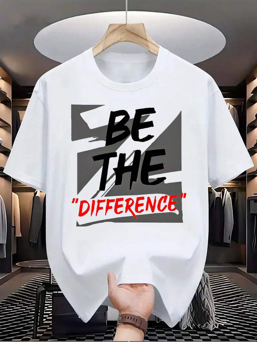 Men's 100% Pure Cotton Casual Graphic T - Shirt With "BE THE DIFFERENCE" Motif In White, Round - Neck Design, Ideal For Everyday Comfort And Suitable For Various Activities And Gatherings. This Short - Sleeve T - Shirt In A Relaxed Style Is Perfect For Summer And Men's Vacation. It Features High - Quality Direct - To - Garment Printing For A Vivid Effect. Men's Casual T - Shirt, Graphic Tees Men, Summer Clothes, Vacation Outfits Men. Graphic Tees - White - View 1