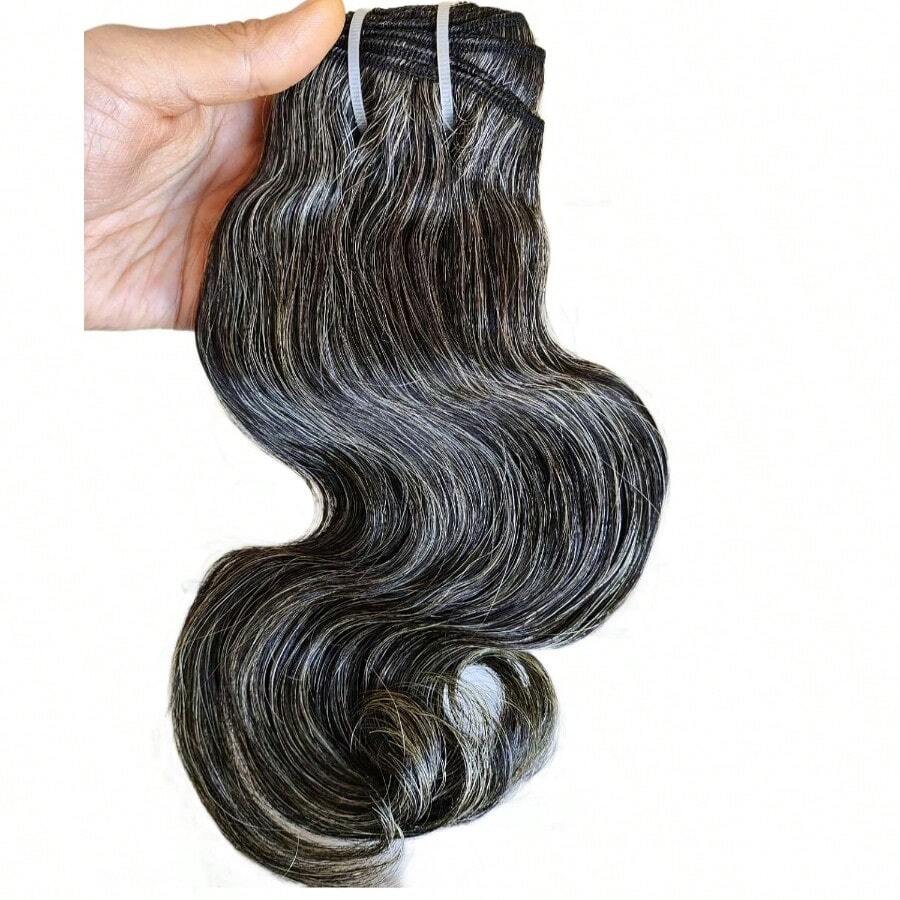Raw Body Wave Salt And Pepper Gray Human Hair Bundles Unprocessed 8IN Short Grey Human Hair 1 Single Bundle 5+ Years Long Lifespan 50% Grey Mixed 50% Black Color Virgin Hair Weave Weft By Clytie01 - Gray - View 1