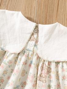 Girl Summer Dress With Bear Embroidery, Short Sleeve Peter Pan Collar Knee Length, Sweet Young Lady Style