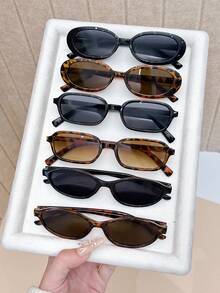 Set de 6 gafas de mujer con marco completo de plástico de estampado de leopardo y diseño geométrico multicolor, ideal como regalo para vacaciones, adecuado para todo tipo de rostros, apto para fiestas, al aire libre, accesorios de moda, vuelta al colegio, estilo universitario y talla grande - 6 piezas de té doble con estampado de leopardo negro y gris - Ver 1