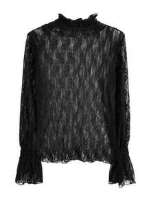 蕾丝花卉图案优雅镂空长袖高领女式上衣（不含内衣） - 黑色 - 查看 7