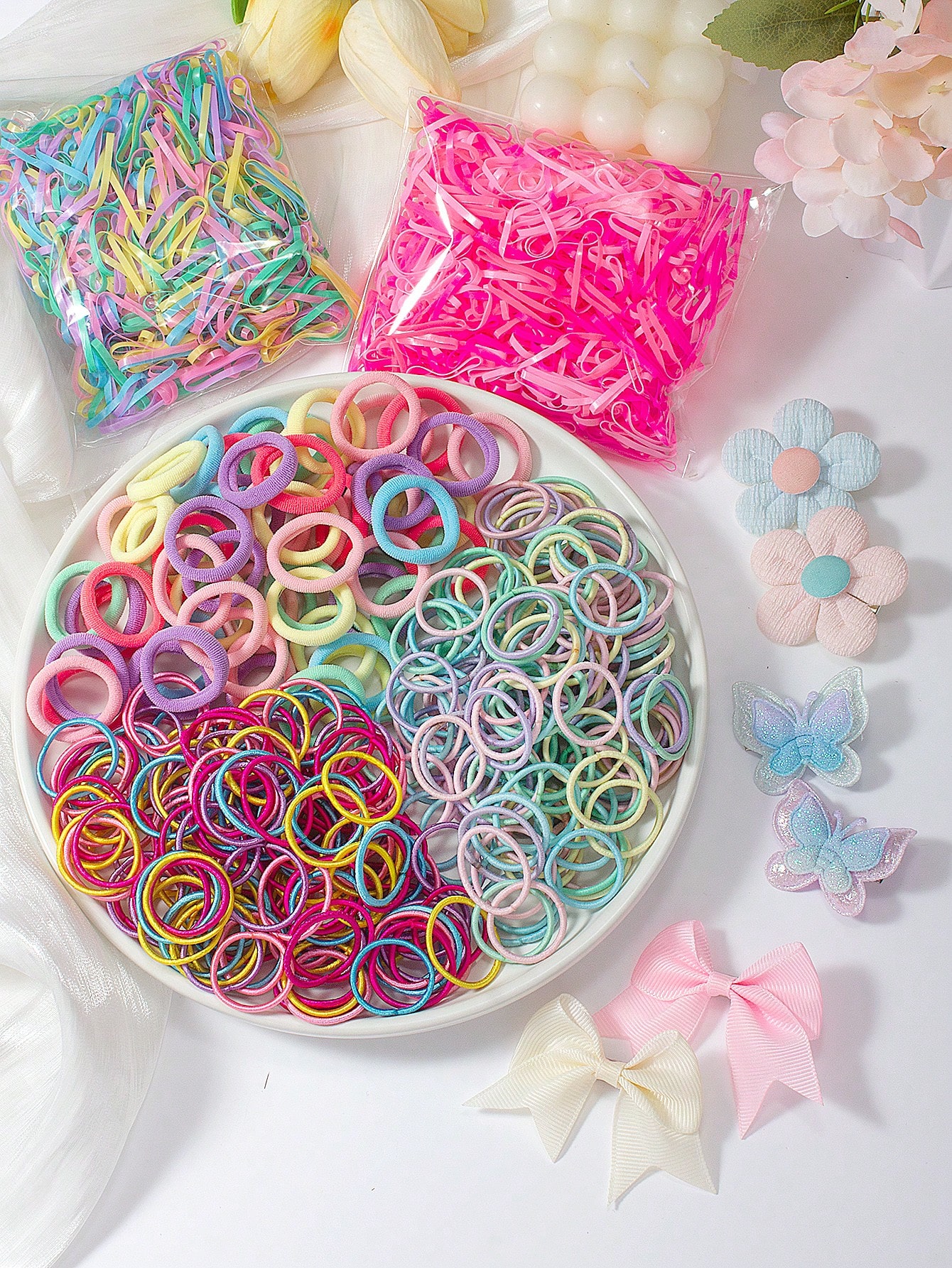 طقم إكسسوارات شعر بناتي ملون يحتوي على ربطات، مشاب...