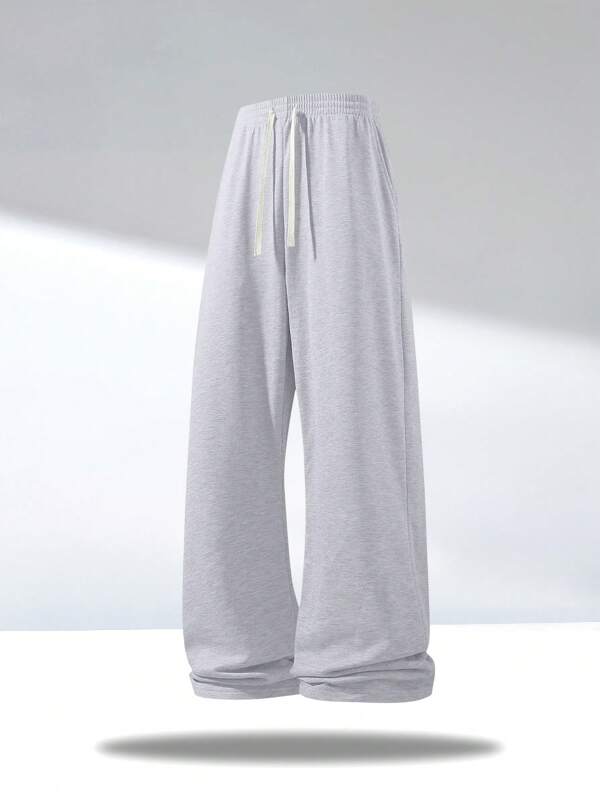 Spring And Autumn New Men's Wide-Legged Trousers Grey Solid Colour Regular Large Size Leisure Sports Elastic Waist Drawstring Trousers Travel Holiday Outdoor Camping Men's Jogging Trousers