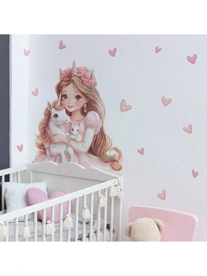 Magical Girl & Unicorn Deer Wall Sticker - Cartoon Forest Friends Wall Decal For Baby Girls Bedroom, Playroom Decoration