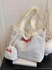 Two - Piece Set,A Lightweight And Spacious Women's Fashion Tote Bag Made Of Fabric, Featuring Large Letter Decorations, With An Attached Drawstring Coin Purse. Ideal For Weekend Trips And Daily Shopping.