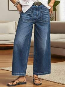Women's Casual Elegant Wide Leg 7/8 Length Jeans, Fashionable Diamond Pockets